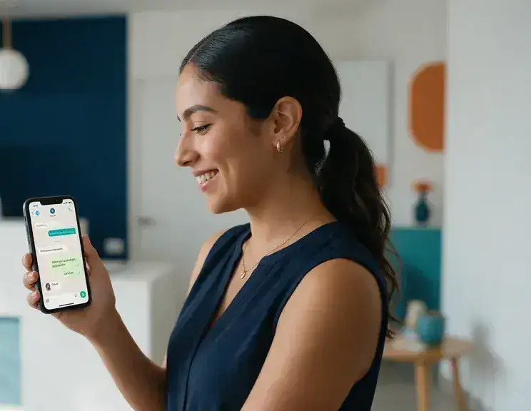 Dueña de una clínica revisa en su celular la conversación de su agente de IA con un cliente